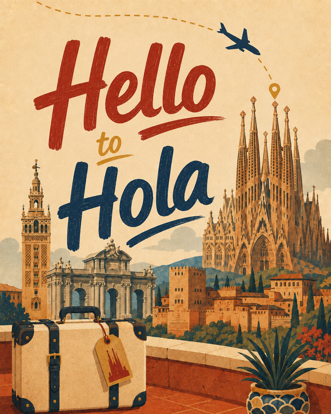 Hello to Hola retro travel poster featuring Spanish landmarks